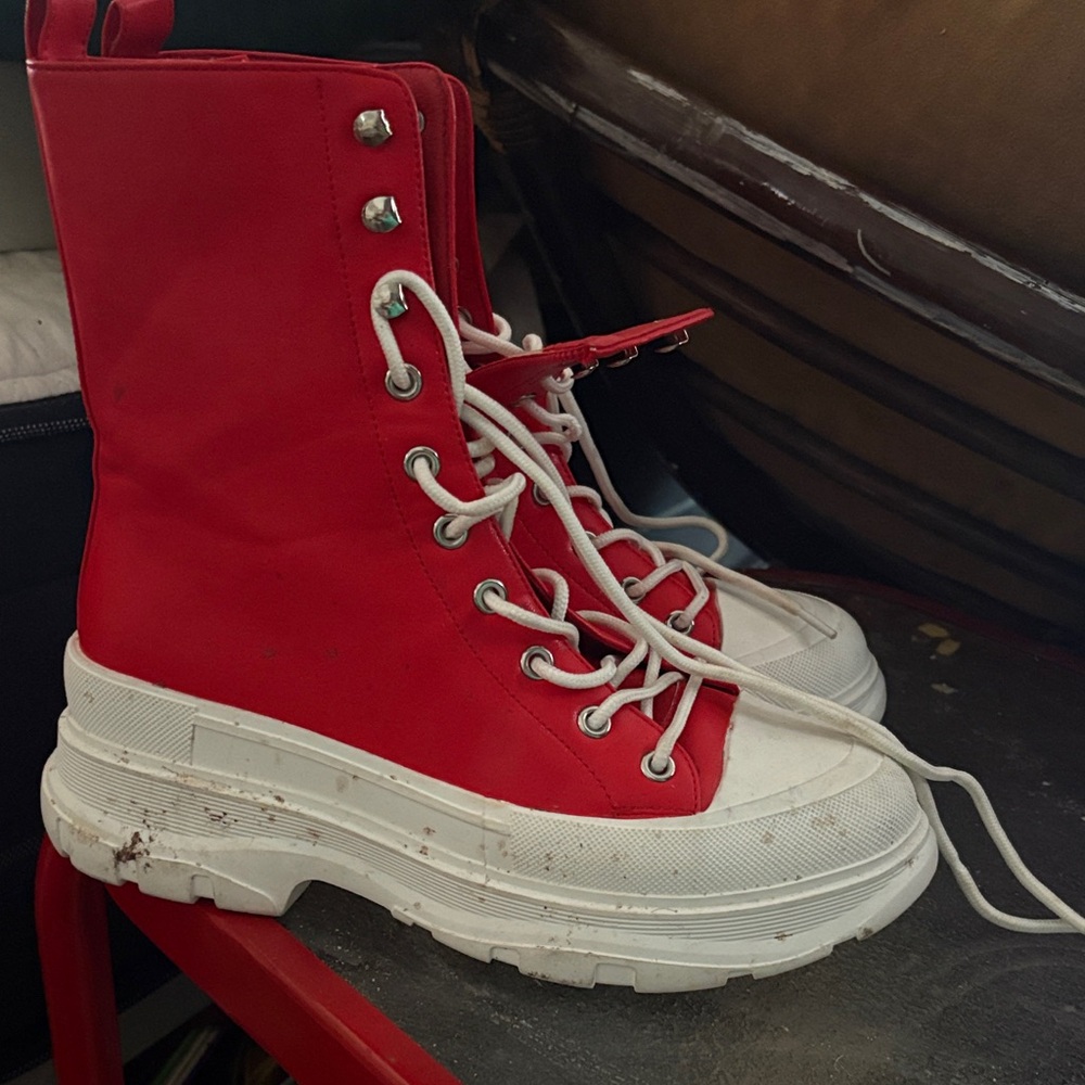 AKIRA Red Lace Up Boots